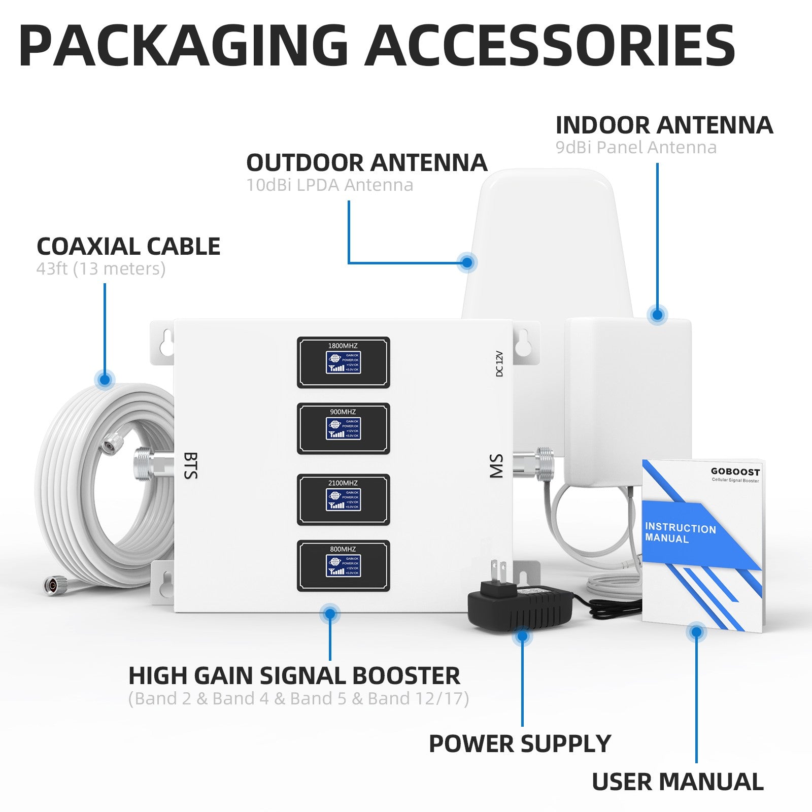 GOBOOST Four Band Signal Booster with LPDA Antenna Packaging Accessories GOBOOST Four Band Signal Booster with LPDA Antenna Packaging Accessories